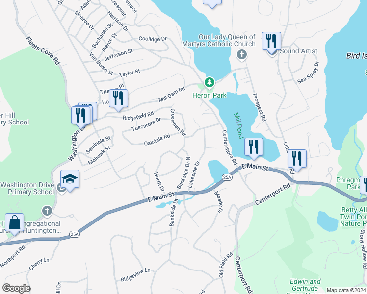 map of restaurants, bars, coffee shops, grocery stores, and more near 31 Westfield Drive in Centerport