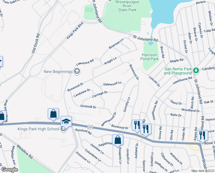 map of restaurants, bars, coffee shops, grocery stores, and more near 8 Dalewood Lane in Kings Park