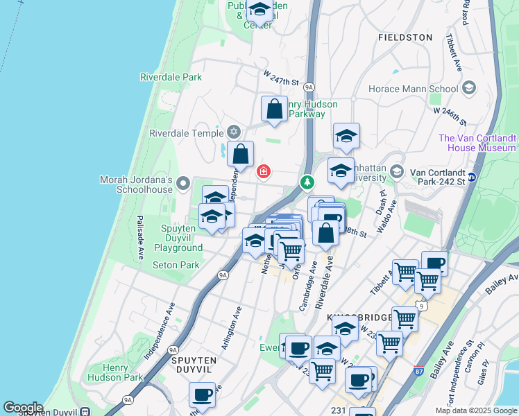 map of restaurants, bars, coffee shops, grocery stores, and more near 3701 Henry Hudson Parkway in The Bronx