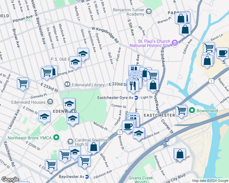 map of restaurants, bars, coffee shops, grocery stores, and more near 3821 Pratt Avenue in Bronx