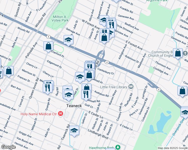 map of restaurants, bars, coffee shops, grocery stores, and more near 992 Allan Court in Teaneck