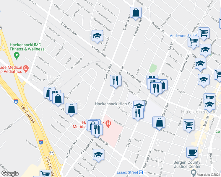 map of restaurants, bars, coffee shops, grocery stores, and more near 151 Prospect Avenue in Hackensack