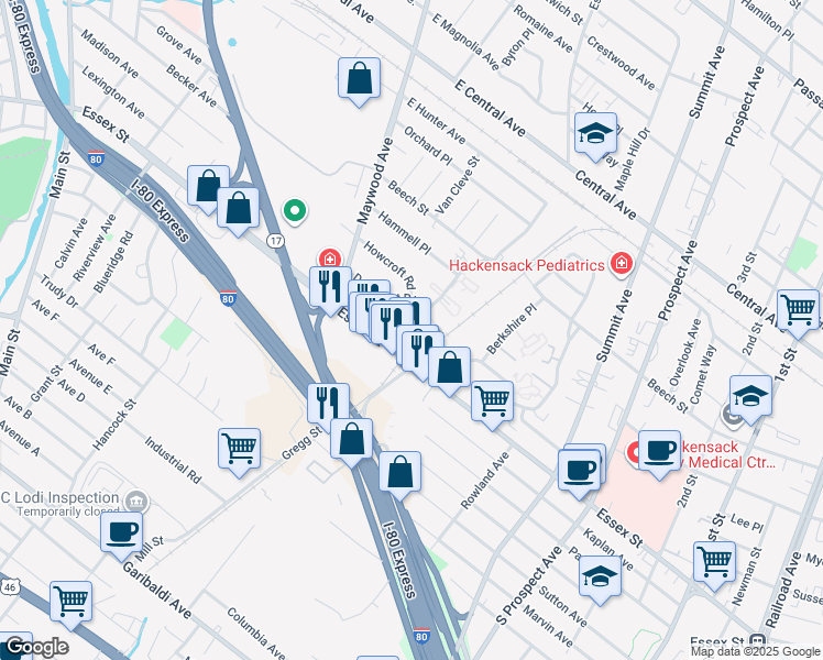 map of restaurants, bars, coffee shops, grocery stores, and more near 20 Maybrook Drive in Maywood