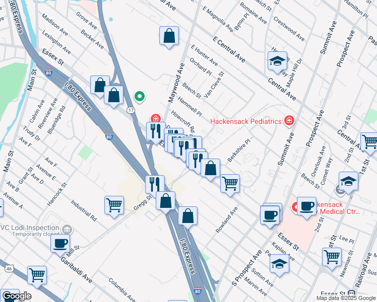 map of restaurants, bars, coffee shops, grocery stores, and more near 20 Maybrook Drive in Maywood
