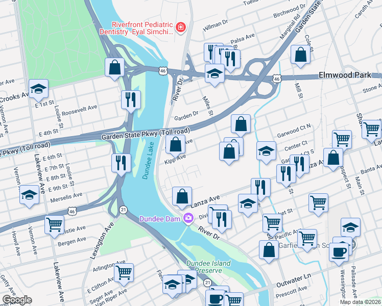 map of restaurants, bars, coffee shops, grocery stores, and more near 68 Kipp Avenue in Elmwood Park