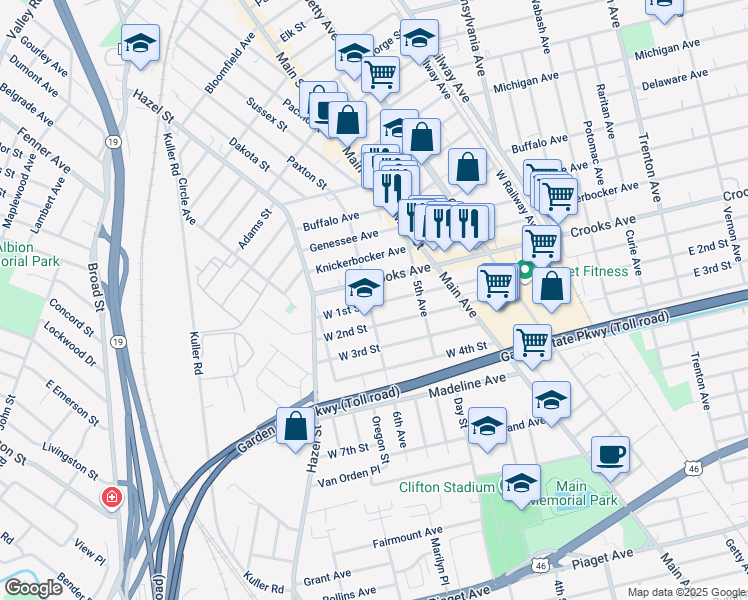 map of restaurants, bars, coffee shops, grocery stores, and more near 160 6th Avenue in Clifton