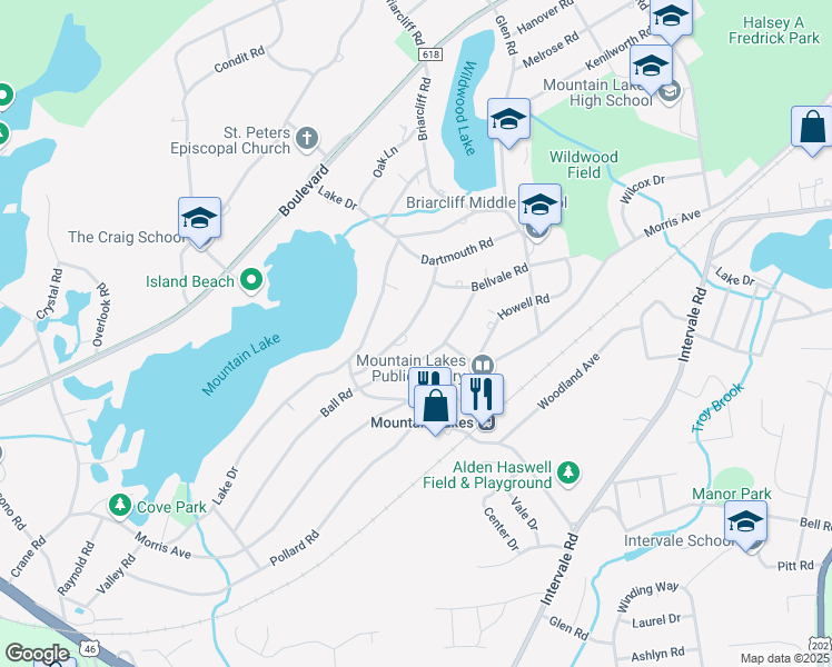 map of restaurants, bars, coffee shops, grocery stores, and more near 18 Hillcrest Road in Mountain Lakes
