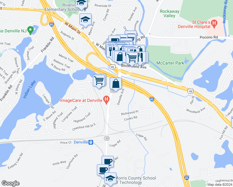 map of restaurants, bars, coffee shops, grocery stores, and more near 124 East Main Street in Denville