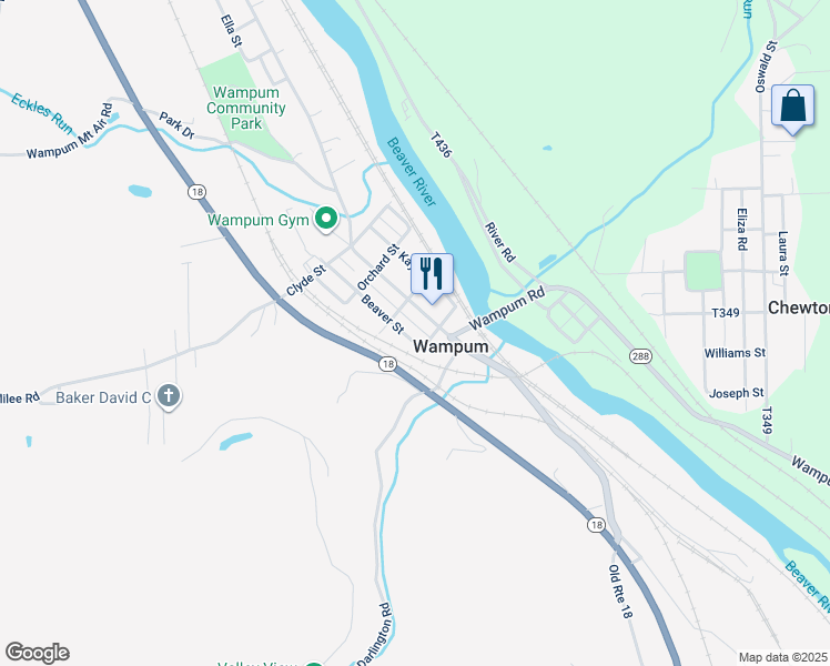 map of restaurants, bars, coffee shops, grocery stores, and more near 412 Beaver Street in Wampum