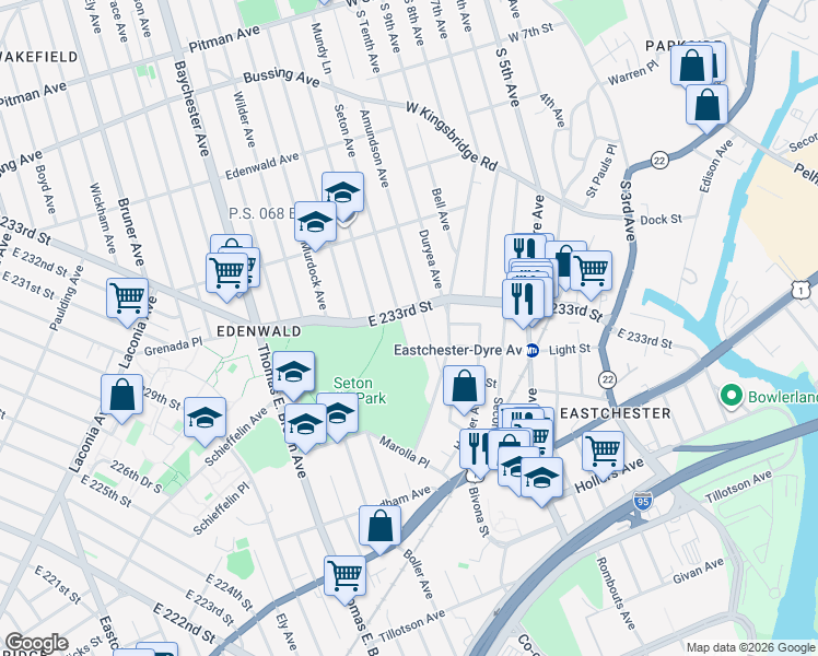 map of restaurants, bars, coffee shops, grocery stores, and more near 3886 Seton Avenue in Bronx