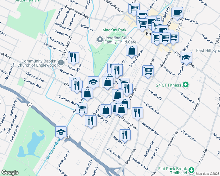 map of restaurants, bars, coffee shops, grocery stores, and more near 218 South Van Brunt Street in Englewood