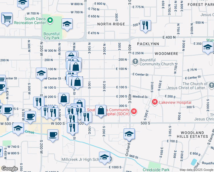 map of restaurants, bars, coffee shops, grocery stores, and more near 207 East 100 South in Bountiful