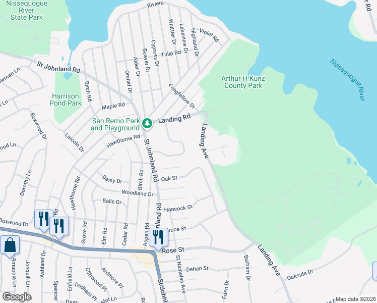 map of restaurants, bars, coffee shops, grocery stores, and more near 24 Franciscan Lane in Smithtown