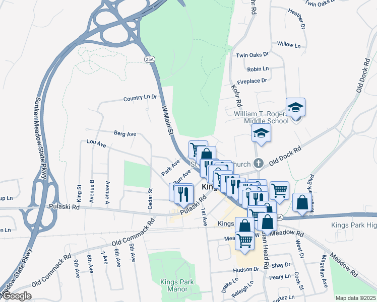map of restaurants, bars, coffee shops, grocery stores, and more near 7 Park Ave in Kings Park