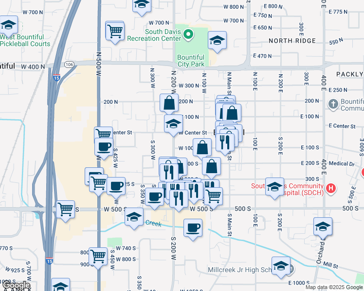 map of restaurants, bars, coffee shops, grocery stores, and more near 170 West 100 South in Bountiful