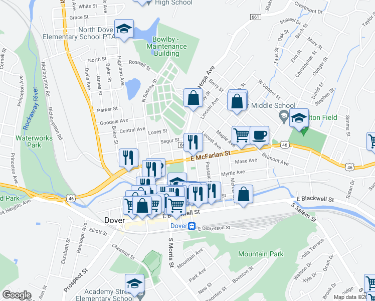 map of restaurants, bars, coffee shops, grocery stores, and more near 14 Mount Hope Avenue in Dover