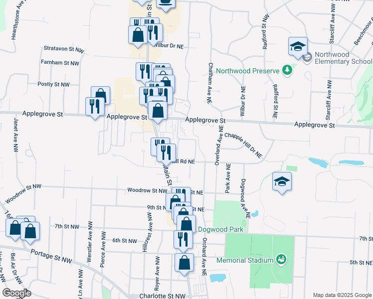 map of restaurants, bars, coffee shops, grocery stores, and more near 111 Holl Road Northeast in North Canton