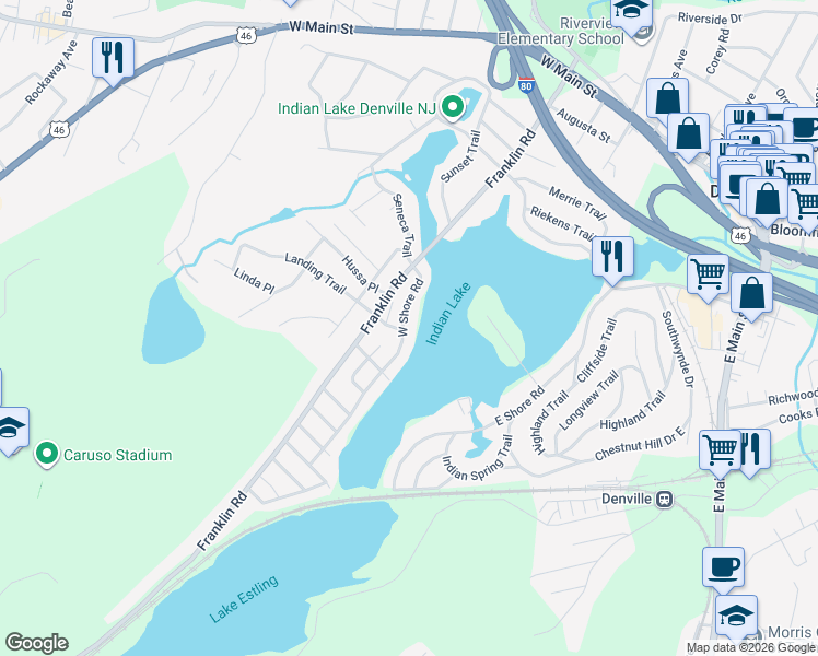 map of restaurants, bars, coffee shops, grocery stores, and more near 42 West Shore Road in Denville