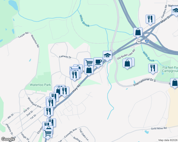 map of restaurants, bars, coffee shops, grocery stores, and more near 8 Village Way in Mount Olive