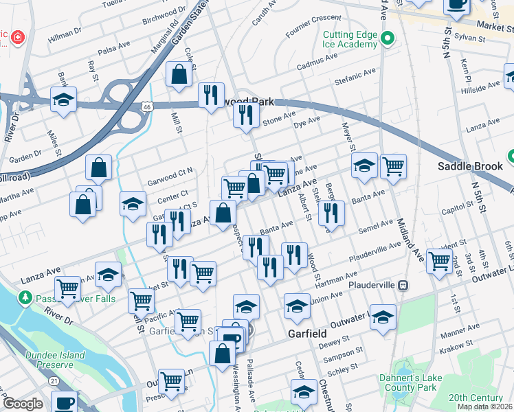 map of restaurants, bars, coffee shops, grocery stores, and more near 322 Lanza Avenue in Garfield