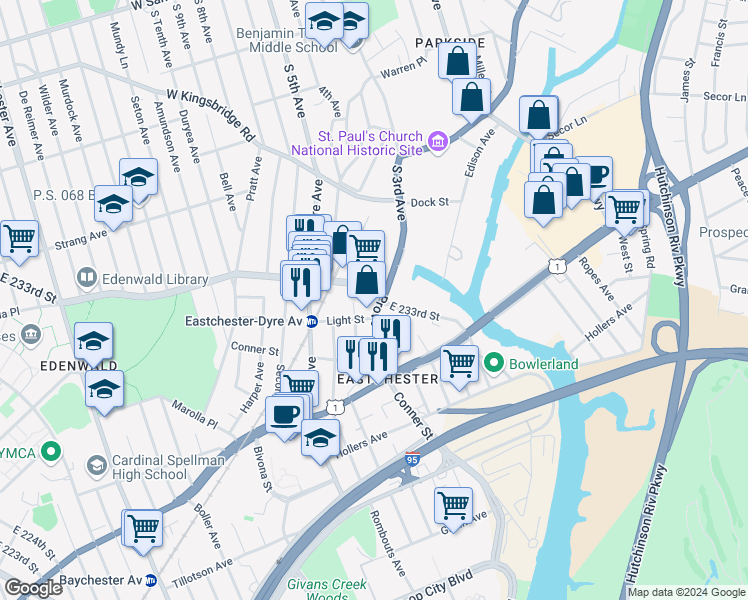map of restaurants, bars, coffee shops, grocery stores, and more near 1630 East 233rd Street in The Bronx