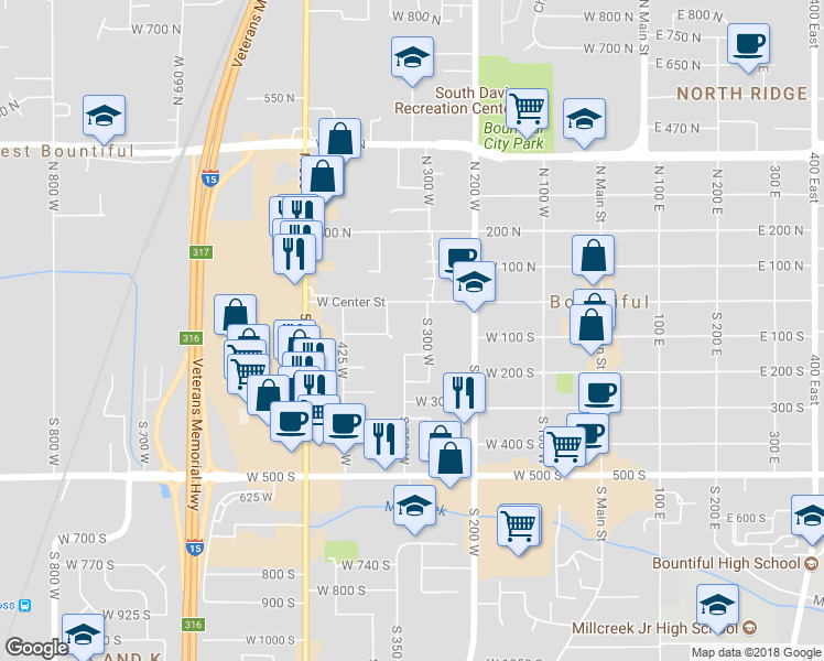 map of restaurants, bars, coffee shops, grocery stores, and more near 62 South 300 West in Bountiful
