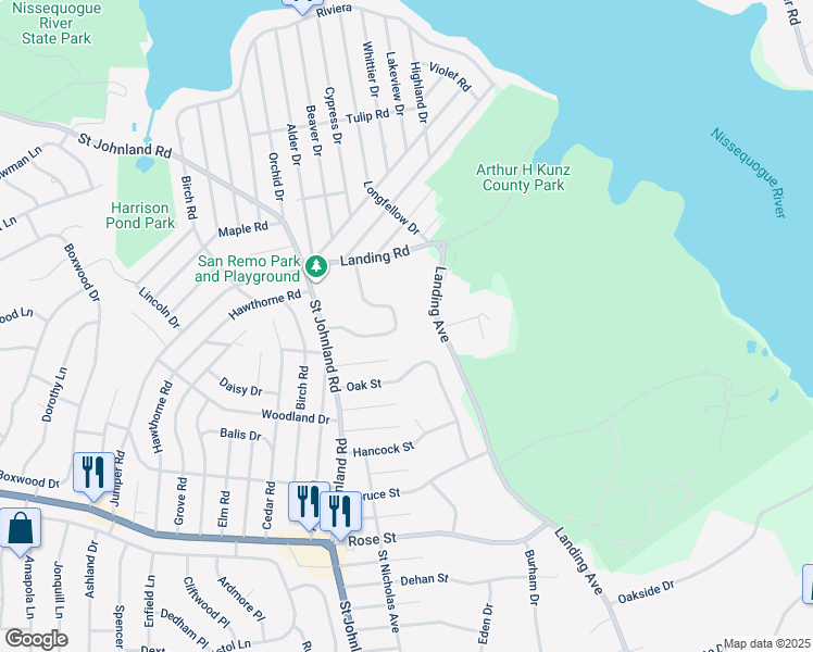 map of restaurants, bars, coffee shops, grocery stores, and more near 24 Franciscan Lane in Smithtown
