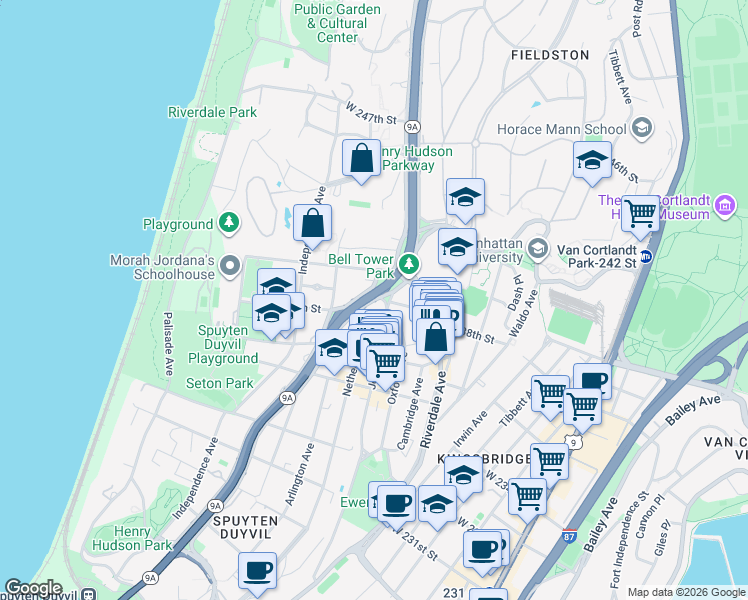 map of restaurants, bars, coffee shops, grocery stores, and more near 4475 Henry Hudson Parkway East in Bronx