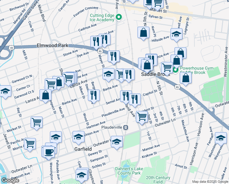 map of restaurants, bars, coffee shops, grocery stores, and more near 25 Davison Street in Garfield