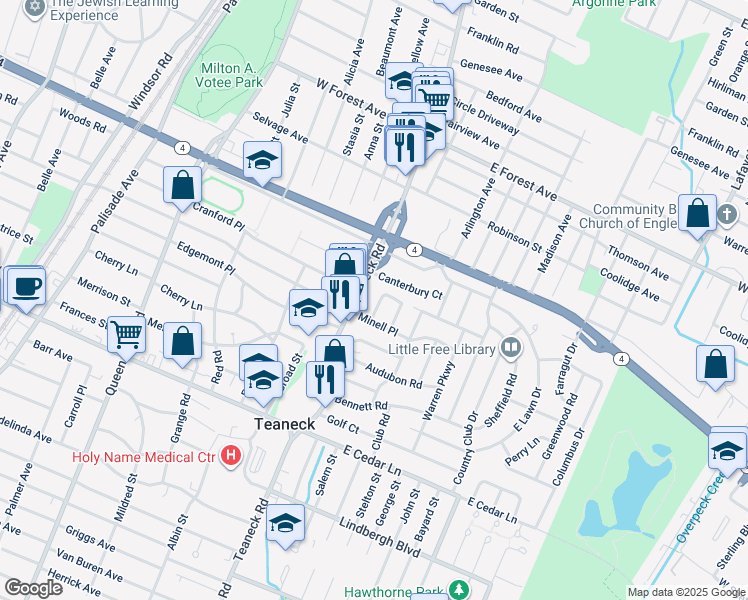 map of restaurants, bars, coffee shops, grocery stores, and more near 992 Allan Court in Teaneck