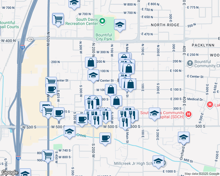 map of restaurants, bars, coffee shops, grocery stores, and more near 66 South 100 West in Bountiful