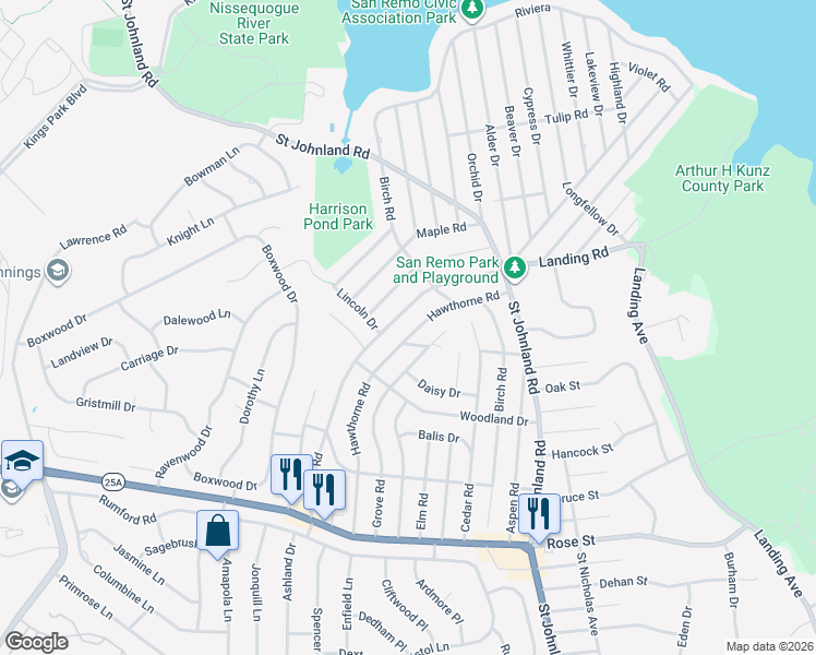 map of restaurants, bars, coffee shops, grocery stores, and more near 96 Hawthorne Road in Kings Park