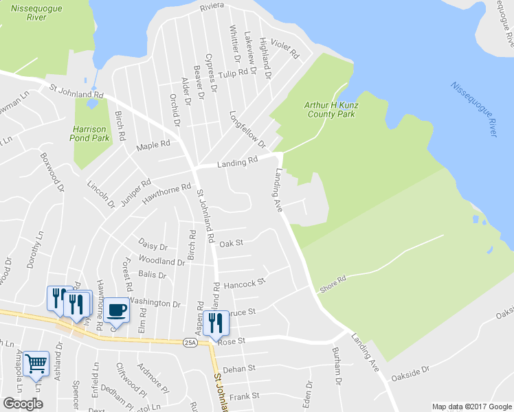 map of restaurants, bars, coffee shops, grocery stores, and more near 24 Franciscan Lane in Smithtown
