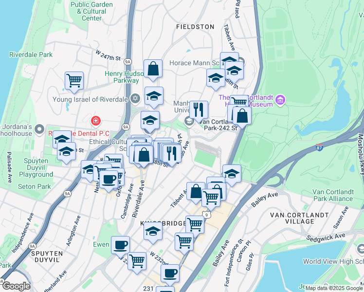 map of restaurants, bars, coffee shops, grocery stores, and more near 3853 Waldo Avenue in Bronx