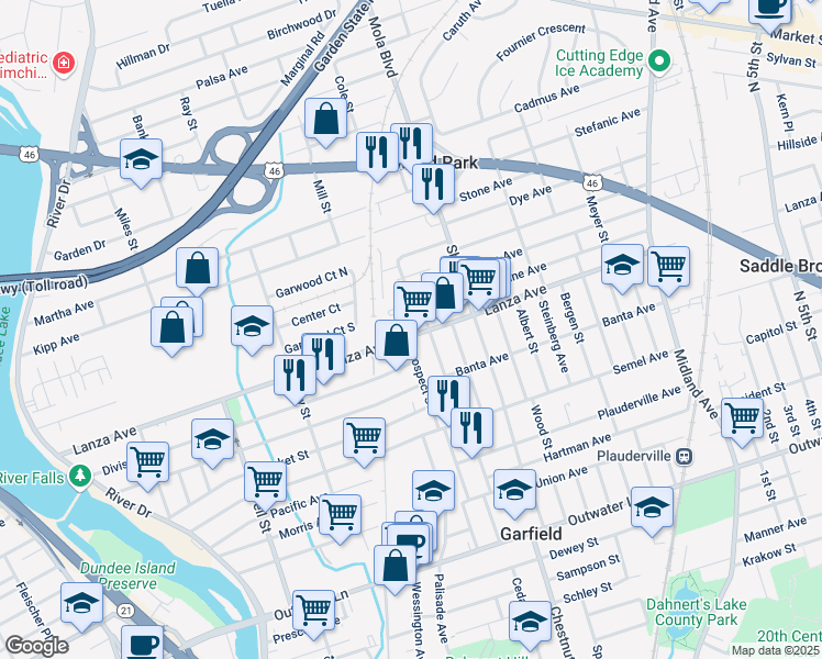 map of restaurants, bars, coffee shops, grocery stores, and more near 299 Lanza Avenue in Garfield