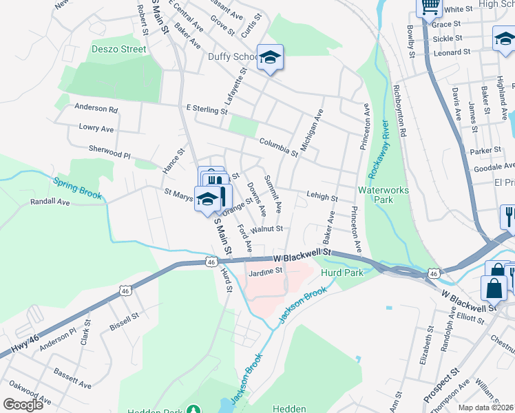map of restaurants, bars, coffee shops, grocery stores, and more near 47 Downs Avenue in Wharton