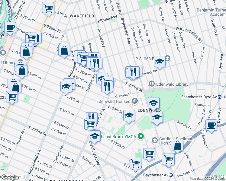 map of restaurants, bars, coffee shops, grocery stores, and more near 1101 East 231st Street in The Bronx