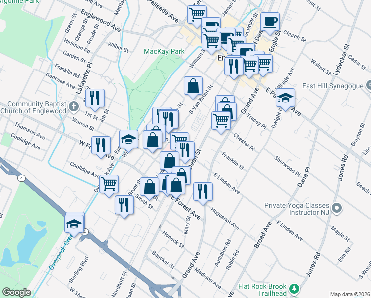 map of restaurants, bars, coffee shops, grocery stores, and more near 197 South Van Brunt Street in Englewood