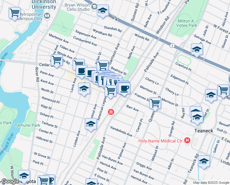 map of restaurants, bars, coffee shops, grocery stores, and more near 396 Cedar Lane in Teaneck
