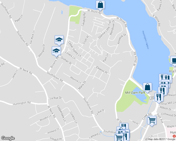 map of restaurants, bars, coffee shops, grocery stores, and more near 31 Drohan Street in Huntington