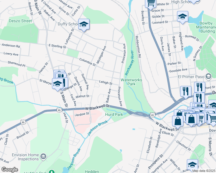 map of restaurants, bars, coffee shops, grocery stores, and more near 37 Baker Ave in Dover