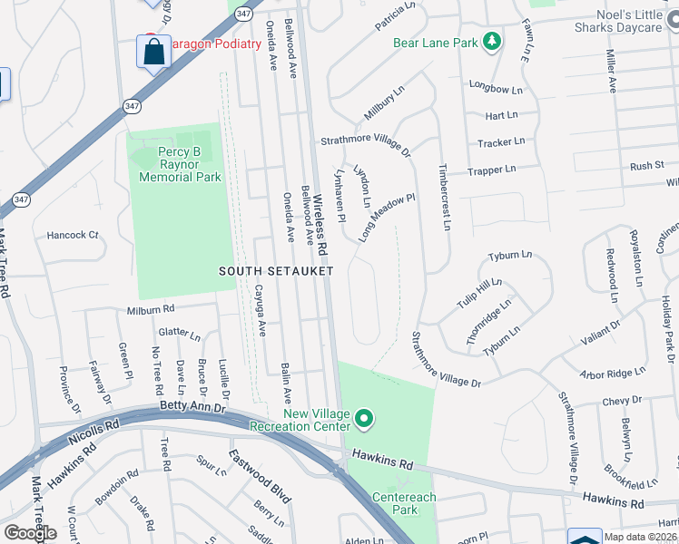map of restaurants, bars, coffee shops, grocery stores, and more near 25 Long Meadow Place in Centereach
