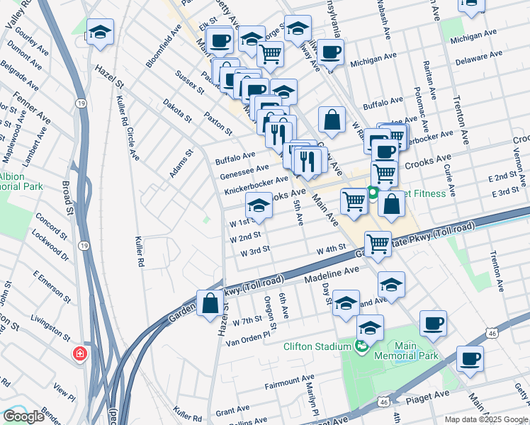 map of restaurants, bars, coffee shops, grocery stores, and more near 160 6th Avenue in Clifton