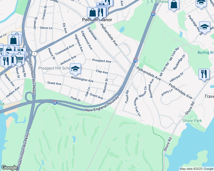 map of restaurants, bars, coffee shops, grocery stores, and more near 1105 Washington Avenue in Pelham Manor
