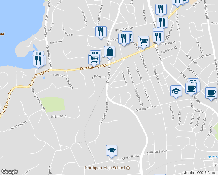 map of restaurants, bars, coffee shops, grocery stores, and more near 2 Ripley Drive in Northport