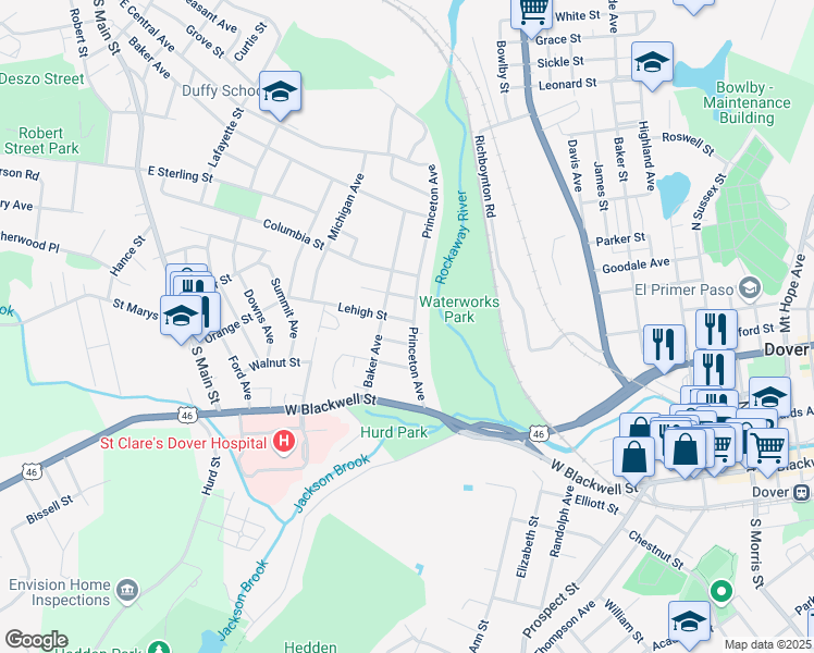 map of restaurants, bars, coffee shops, grocery stores, and more near 57 Princeton Avenue in Dover