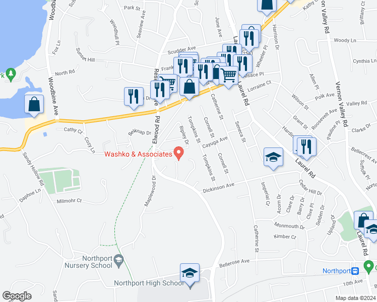 map of restaurants, bars, coffee shops, grocery stores, and more near 26 Ripley Drive in Northport