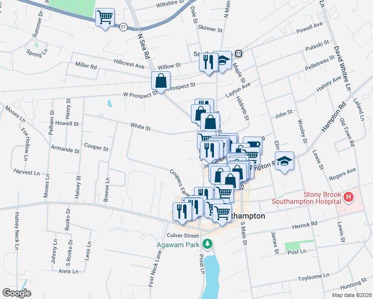 map of restaurants, bars, coffee shops, grocery stores, and more near 185 Windmill Lane in Southampton