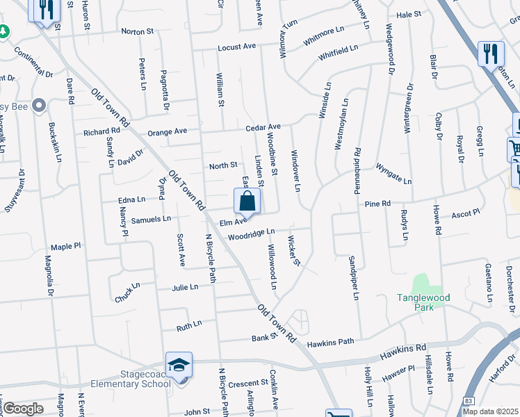 map of restaurants, bars, coffee shops, grocery stores, and more near 60 Elm Avenue in Coram