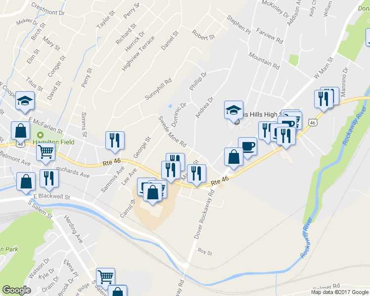 map of restaurants, bars, coffee shops, grocery stores, and more near 17 Swede Mine Road in Dover